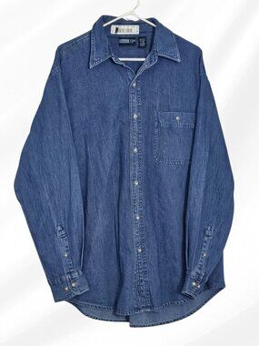 UniFirst Blue Denim Long Sleeve Button Front Work Shirt Mens Size L